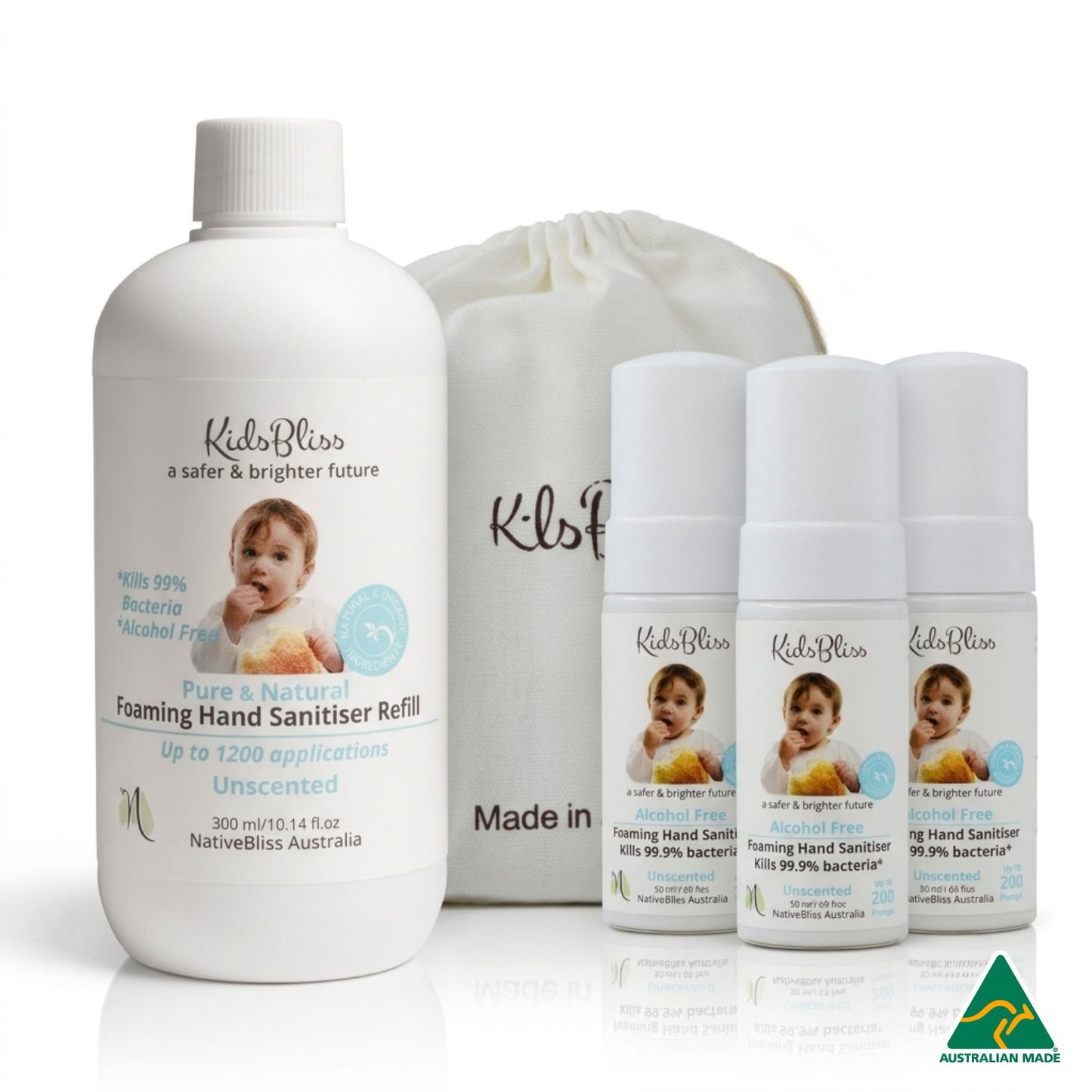 Alcohol-Free Foaming Hand Sanitiser On-The-Go Refill Pack (1-Pack or 3-Pack) includes 300ml refill and 3 portable 50ml bottles.