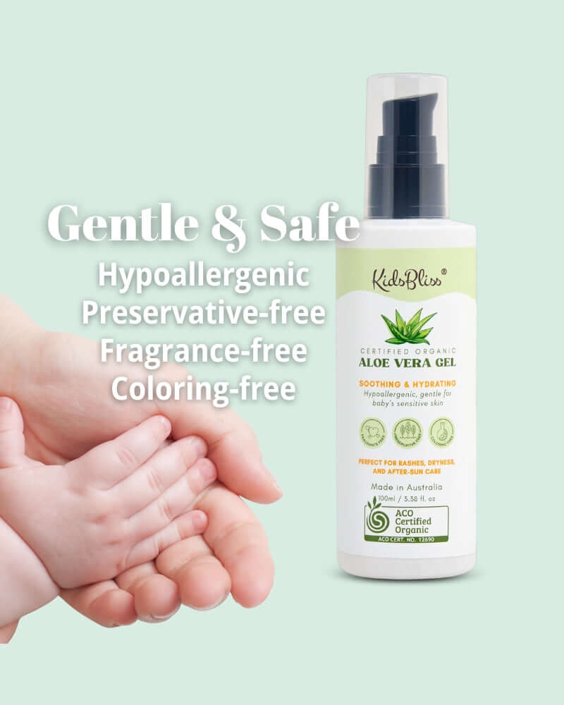 KidsBliss ACO Certified Organic Aloe Vera Gel bottle with hands, promoting soothing and hydrating properties for all skin types.