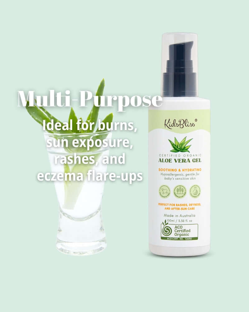 KidsBliss ACO Certified Organic Aloe Vera Gel 100ml for soothing burns and skin irritation.
