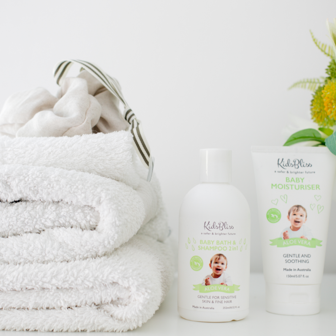 Baby Bath & Shampoo 2 in 1 - Aloe Vera 300ml The Bliss Shelf with soft towels and baby moisturizer