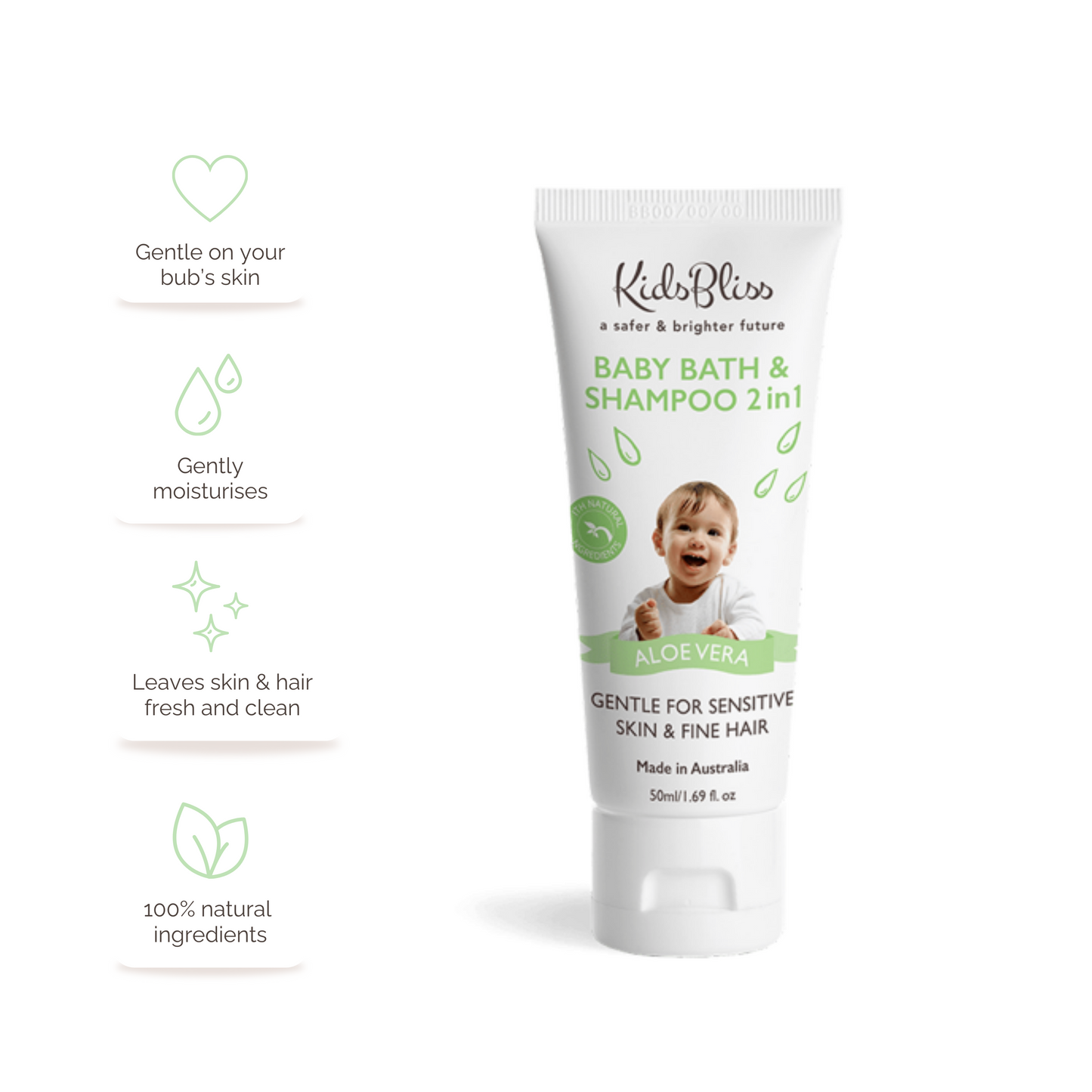 Baby Bath & Shampoo 2 in 1 - Aloe Vera 50ml (the Bliss Shelf) packaging showcasing gentle formula.