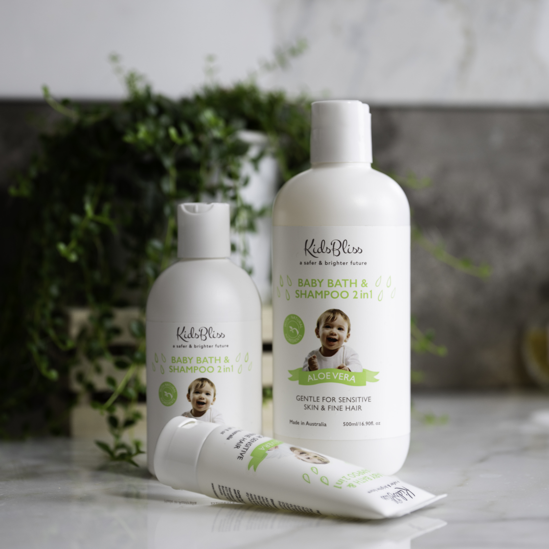 Baby Bath & Shampoo 2 in 1 - Aloe Vera 50ml (the Bliss Shelf) bottles for gentle, tear-free cleansing of baby’s skin.