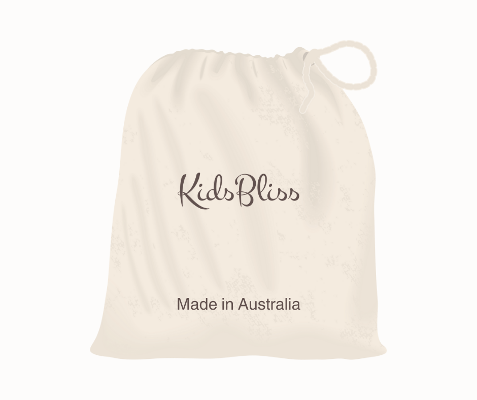 KidsBliss storage bag labeled 'Made in Australia' with drawstring closure, ideal for kids & baby mineral sunscreen organic aloe vera gel.