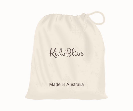 KidsBliss storage bag labeled 'Made in Australia' with drawstring closure, ideal for kids & baby mineral sunscreen organic aloe vera gel.