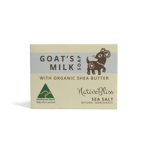Goat Milk Soap Sea Salt 100g packaging featuring organic shea butter for gentle moisturizing.
