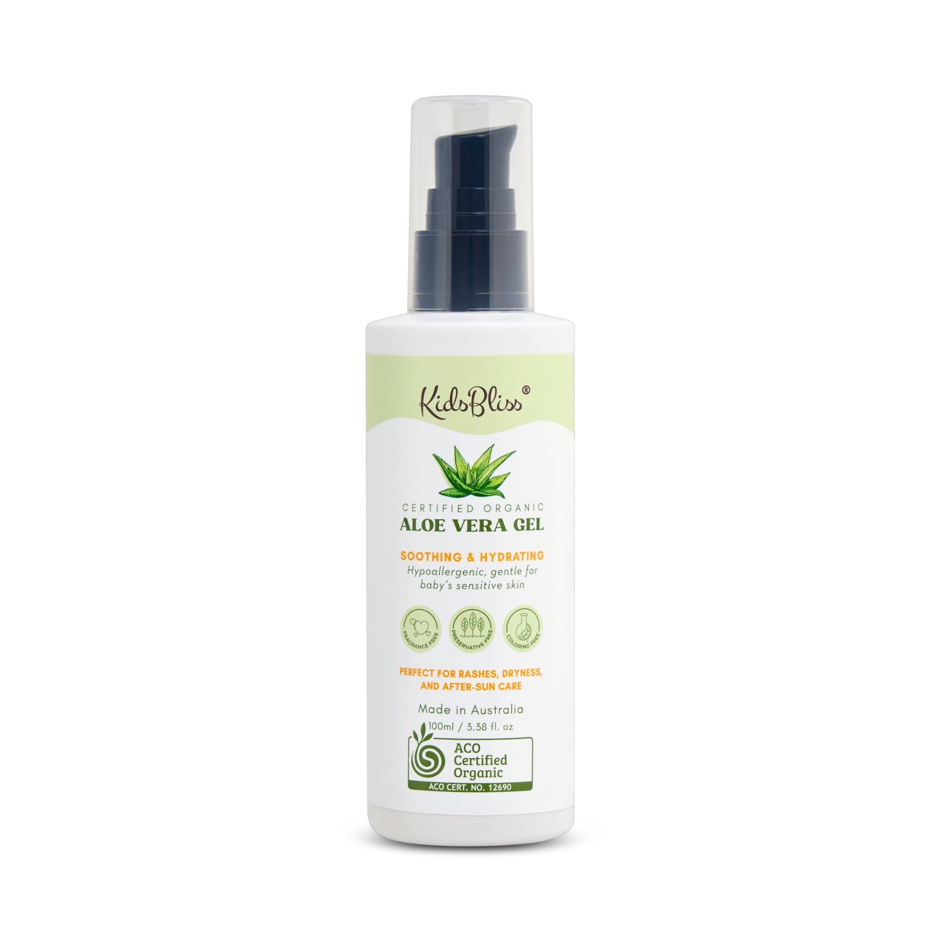 KidsBliss ACO Certified Organic Aloe Vera Gel 100ml for soothing and hydrating skin, perfect for the whole family.