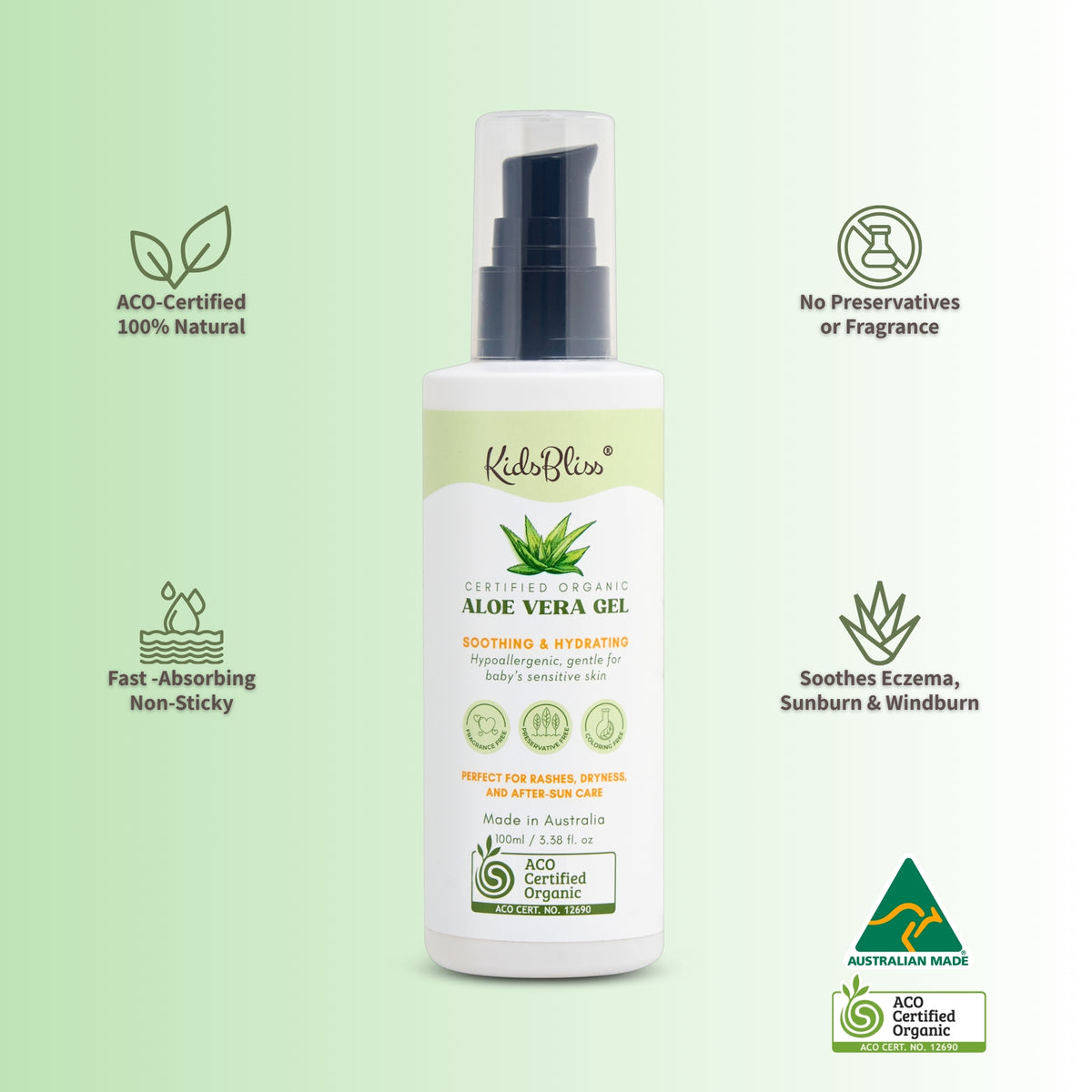 ACO Certified Organic Aloe Vera Gel 100ml bottle for soothing skin, perfect for families, fast-absorbing and non-sticky.