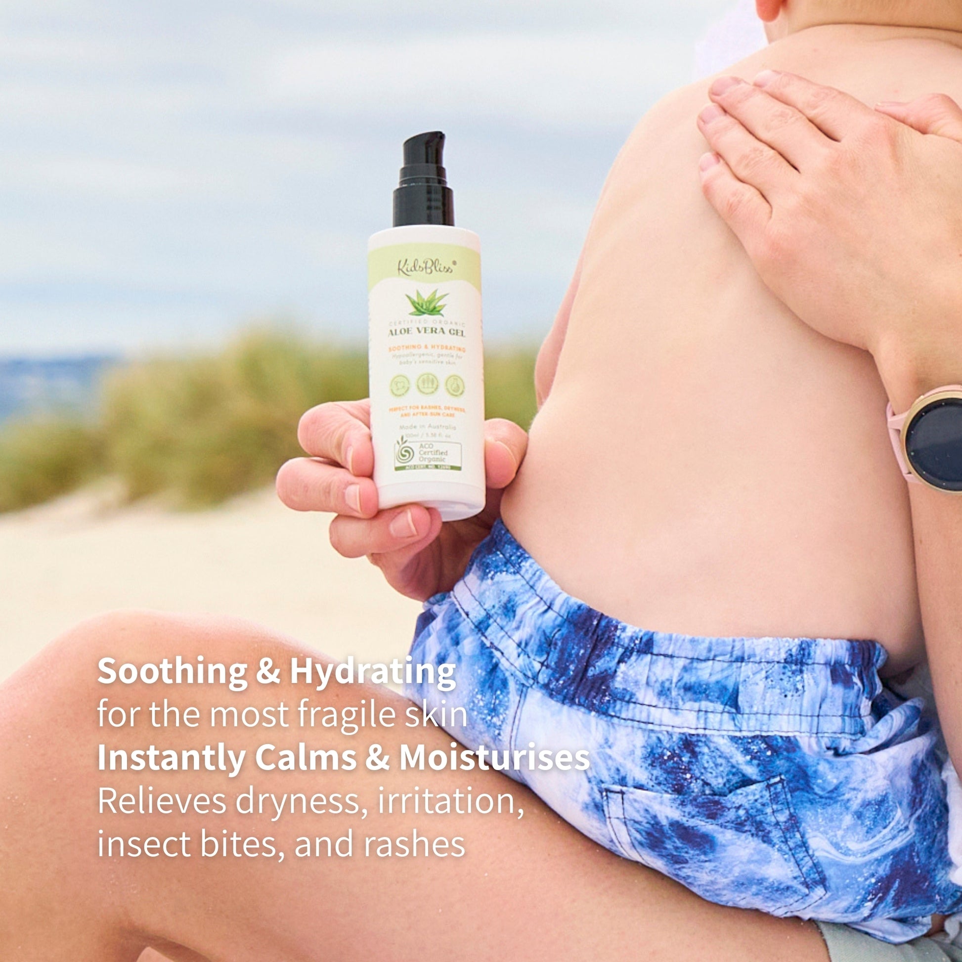 KidsBliss ACO Certified Organic Aloe Vera Gel 100ml soothing and hydrating for sensitive skin, perfect for summer care.