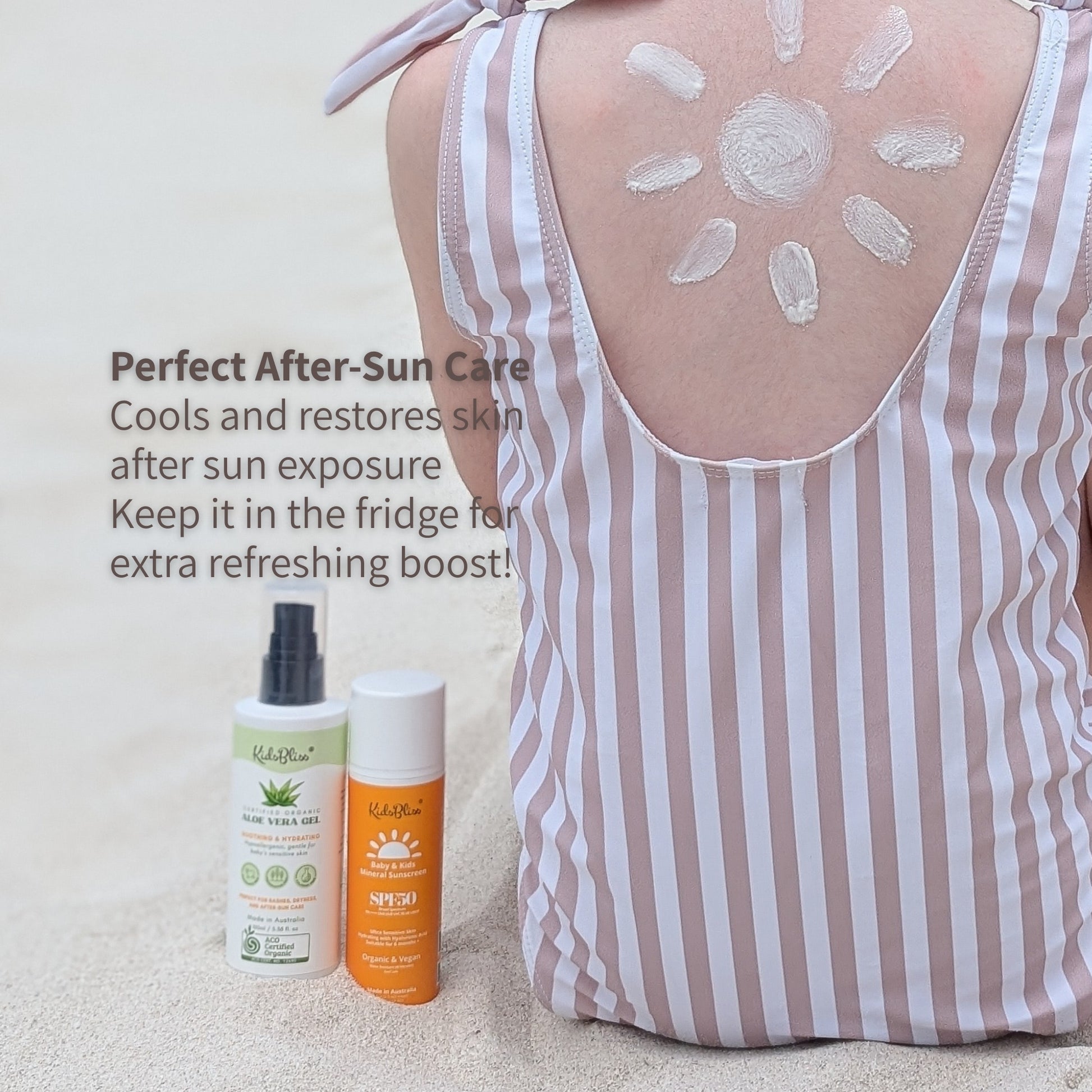 Aloe vera gel providing soothing after-sun care on back, with skincare products for refreshing relief.