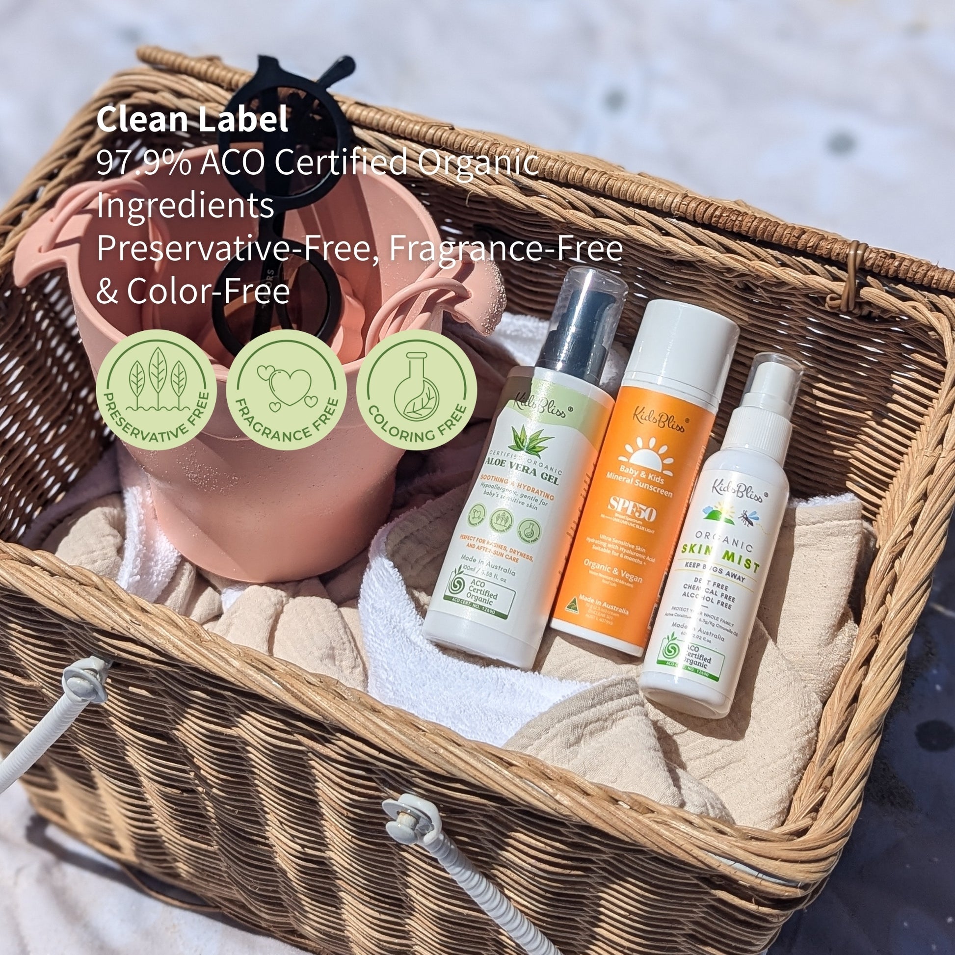 Basket featuring organic aloe vera gel and clean label products, all ACO certified and free from preservatives and fragrances.