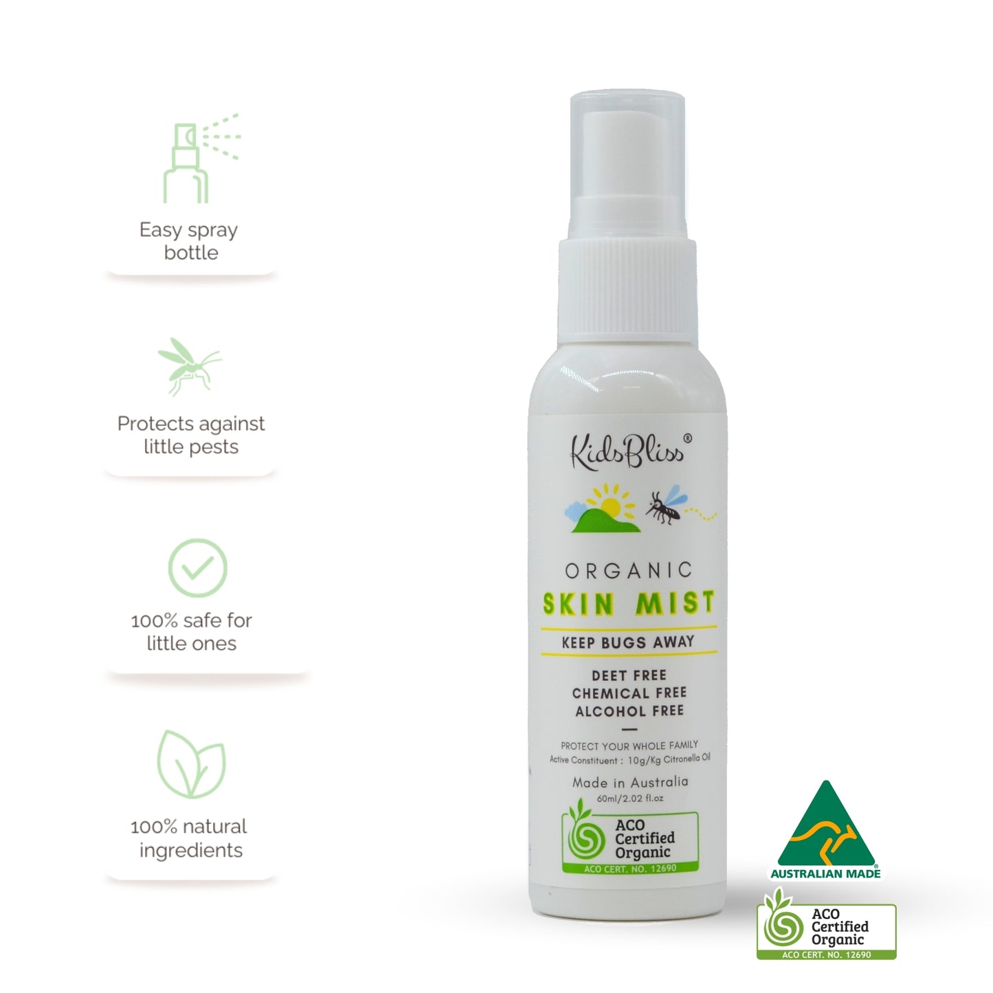 Stop Insect Bites Naturally — Zero Harsh Chemicals in an easy spray bottle, 100% ACO Certified Organic.