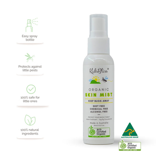 White bottle of Kids Bliss Organic Skin Mist on a white background