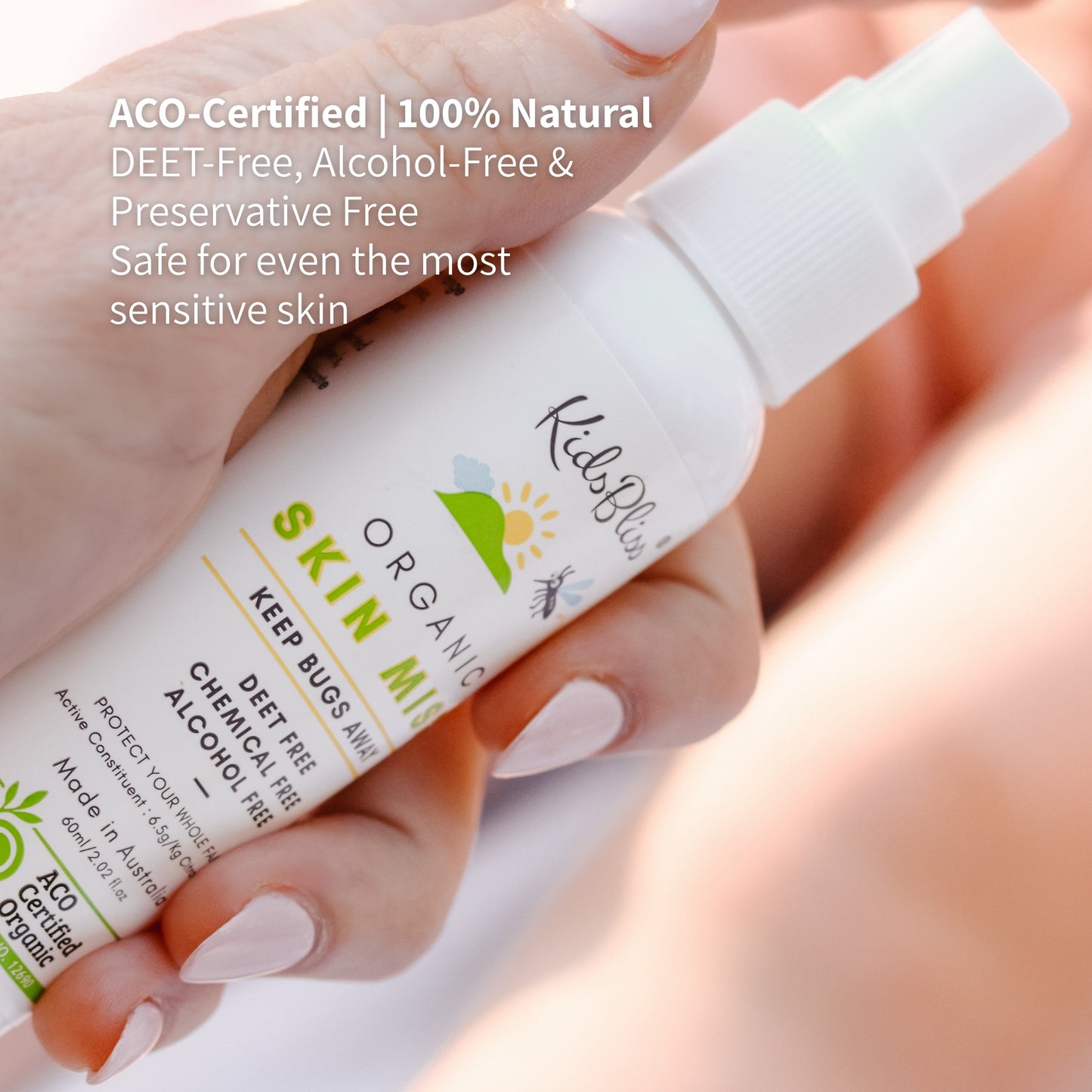 Stop Insect Bites Naturally — Zero Harsh Chemicals product in hand, ACO Certified, DEET-Free, safe for sensitive skin.