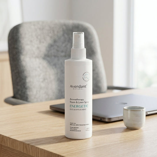 Averdant Natural Aromatherapy Room & Linen Spray Energetic 225ml in a sleek bottle, featuring eucalyptus mint scent.