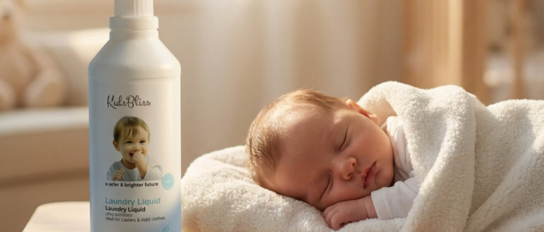 KidsBliss laundry liquid bottle next to a peaceful newborn baby sleeping soundly on a soft, fluffy white blanket.