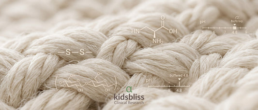 Extreme macro close-up of luxurious, soft cream-colored wool and cotton fibers overlayed with scientific molecular structures, disulfide bond diagrams, a pH 4.8 buffer scale, and the KidsBliss Clinical Research logo