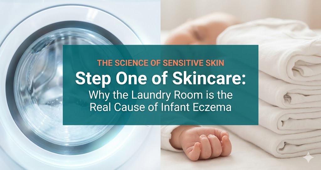 A split-screen graphic showing a modern, bright laundry room on the left and a stack of pure white folded baby clothes on the right. 