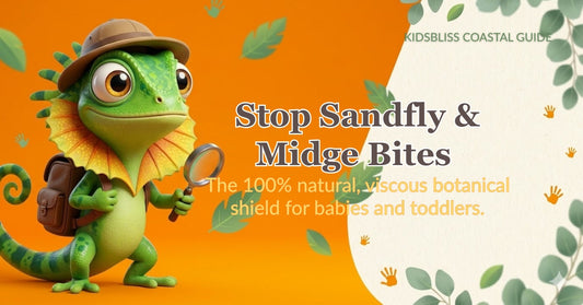 KidsBliss Coastal Guide banner featuring a cute 3D explorer lizard holding a magnifying glass. Text reads Stop Sandfly & Midge Bites. The 100% natural, viscous botanical shield for babies and toddlers.