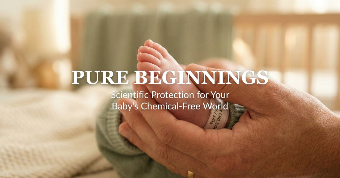 The science of newborn skin purity: A parent protecting their baby’s thin, permeable skin layer from toxins, set against a serene sage green and cream organic background.