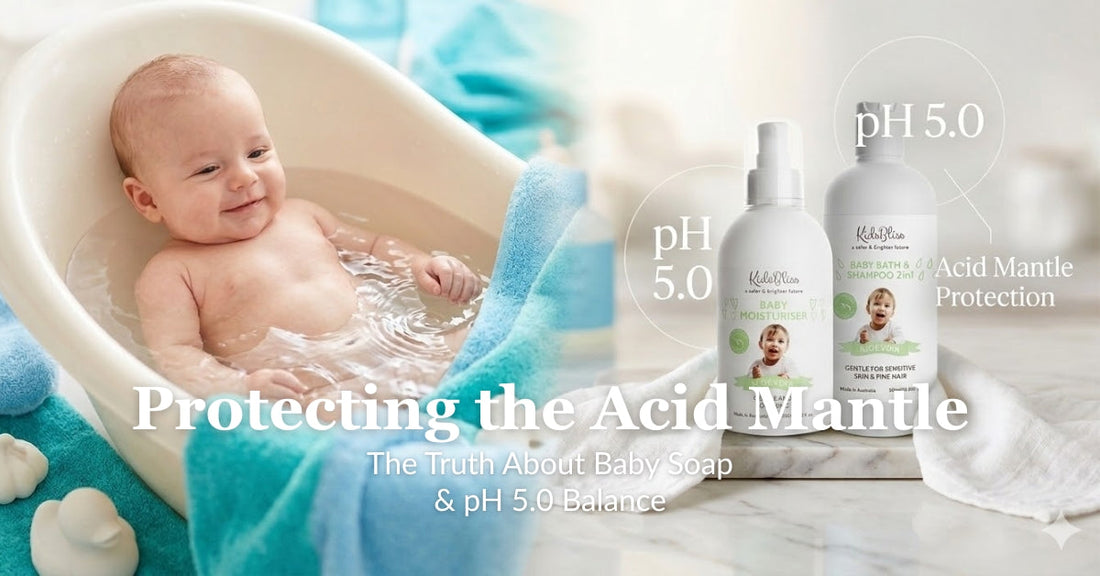 Newborn baby being gently bathed, illustrating the science of protecting the skin's acid mantle and maintaining a pH 5.0 balance with Kids Bliss soap-free baby wash for sensitive skin.