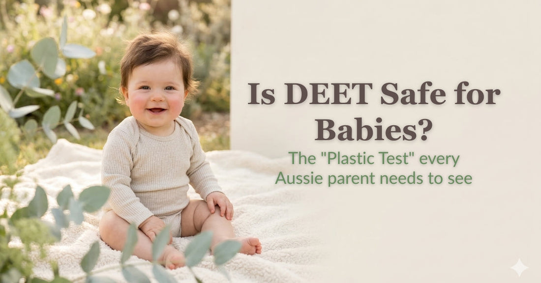KidsBliss blog banner asking 'Is DEET Safe for Babies?' featuring a happy baby sitting outdoors, highlighting the safety differences between synthetic DEET repellents and natural botanical bug shields.