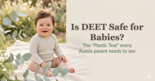 KidsBliss blog banner asking 'Is DEET Safe for Babies?' featuring a happy baby sitting outdoors, highlighting the safety differences between synthetic DEET repellents and natural botanical bug shields.