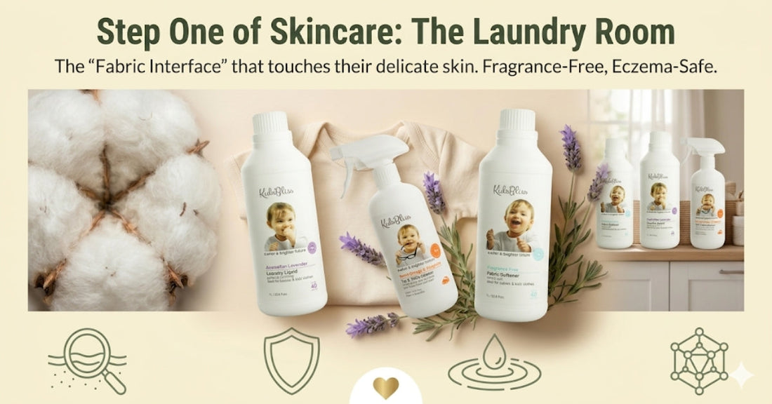 KidsBliss fragrance-free and eczema-safe laundry detergent and fabric softener for babies, highlighting the 'fabric interface' as the first step of an infant's skincare routine.