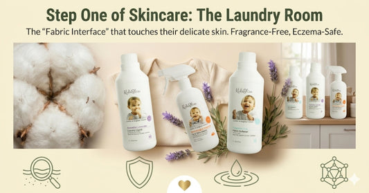 KidsBliss fragrance-free and eczema-safe laundry detergent and fabric softener for babies, highlighting the 'fabric interface' as the first step of an infant's skincare routine.
