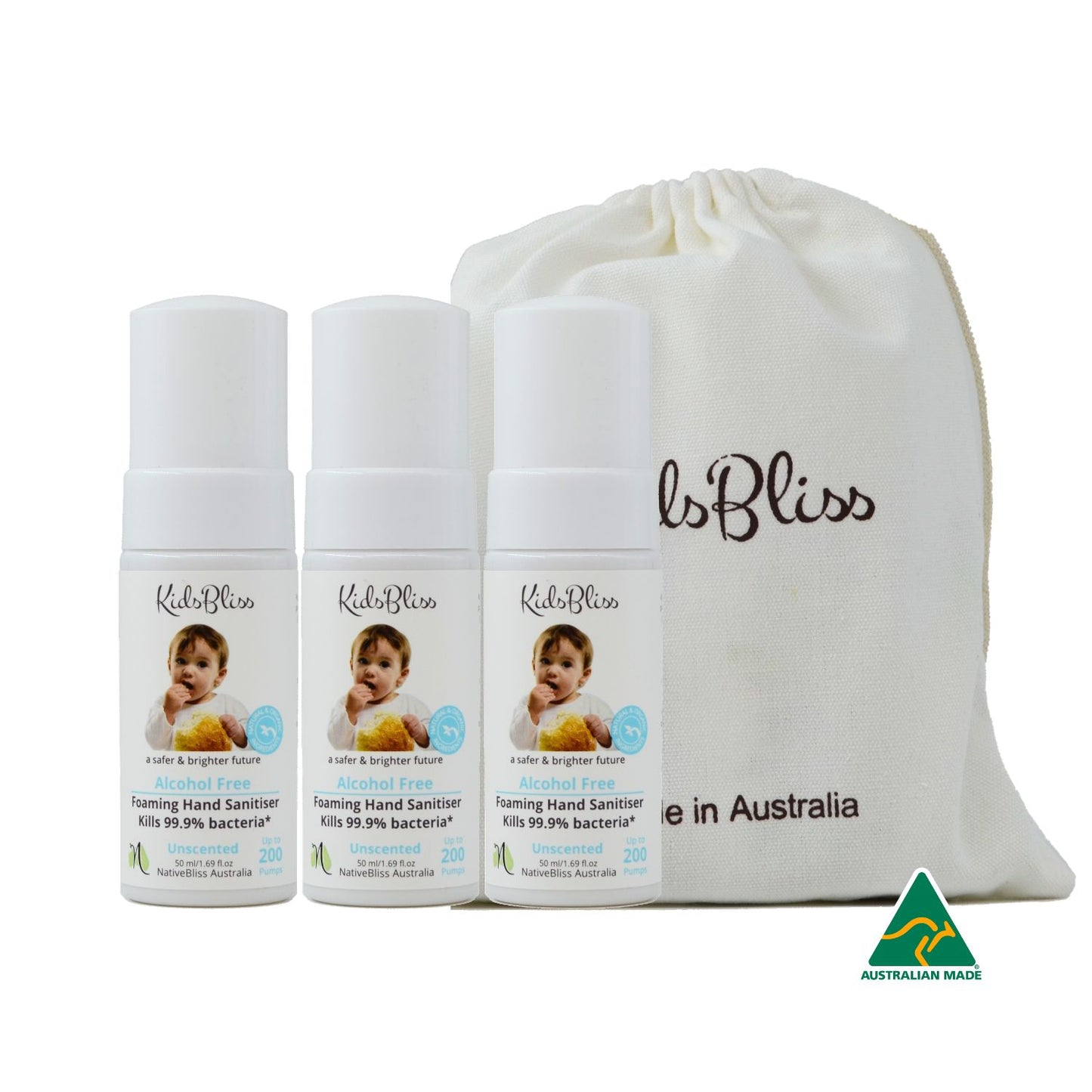 Alcohol-Free Foaming Hand Sanitiser 50ml — 3-Pack Eco Bundle (Includes Cotton Travel Bag)