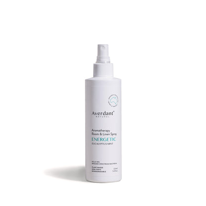 Averdant Natural Aromatherapy Room & Linen Spray Energetic 225ml in a sleek bottle, featuring eucalyptus mint scent.