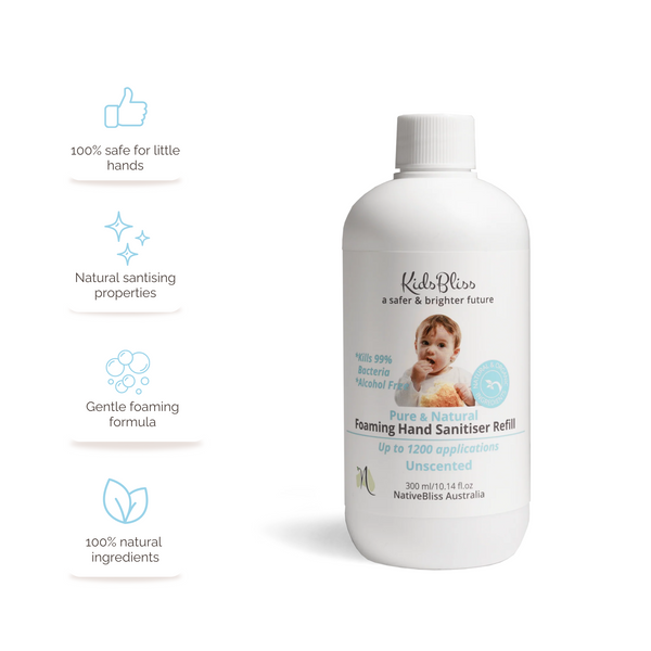 Bulk Buy | Clinical-Safe: Alcohol-Free Foaming Hand Sanitiser Refill (3x 300ml) - Unscented bottle next to benefits of use.