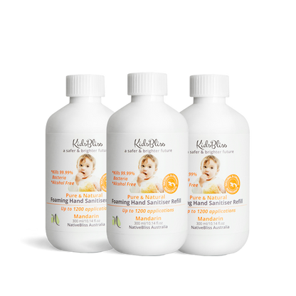 Bulk Buy | Alcohol-Free Foaming Hand Sanitiser - Refill 300ml x3 Mandarin bottles for kids, gentle and effective.