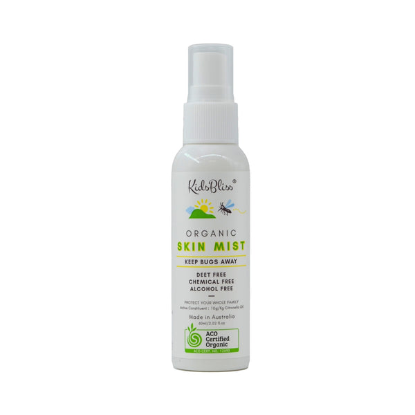 White bottle of Kids Bliss Organic Skin Mist on a white background