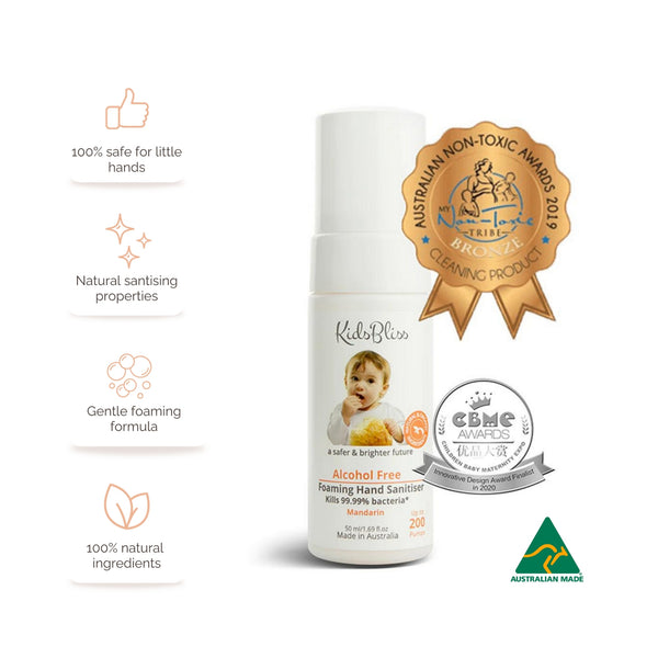 Alcohol Free Foaming Hand Sanitizer with natural sanitizing properties, gentle formula, and 100% safe for little hands.