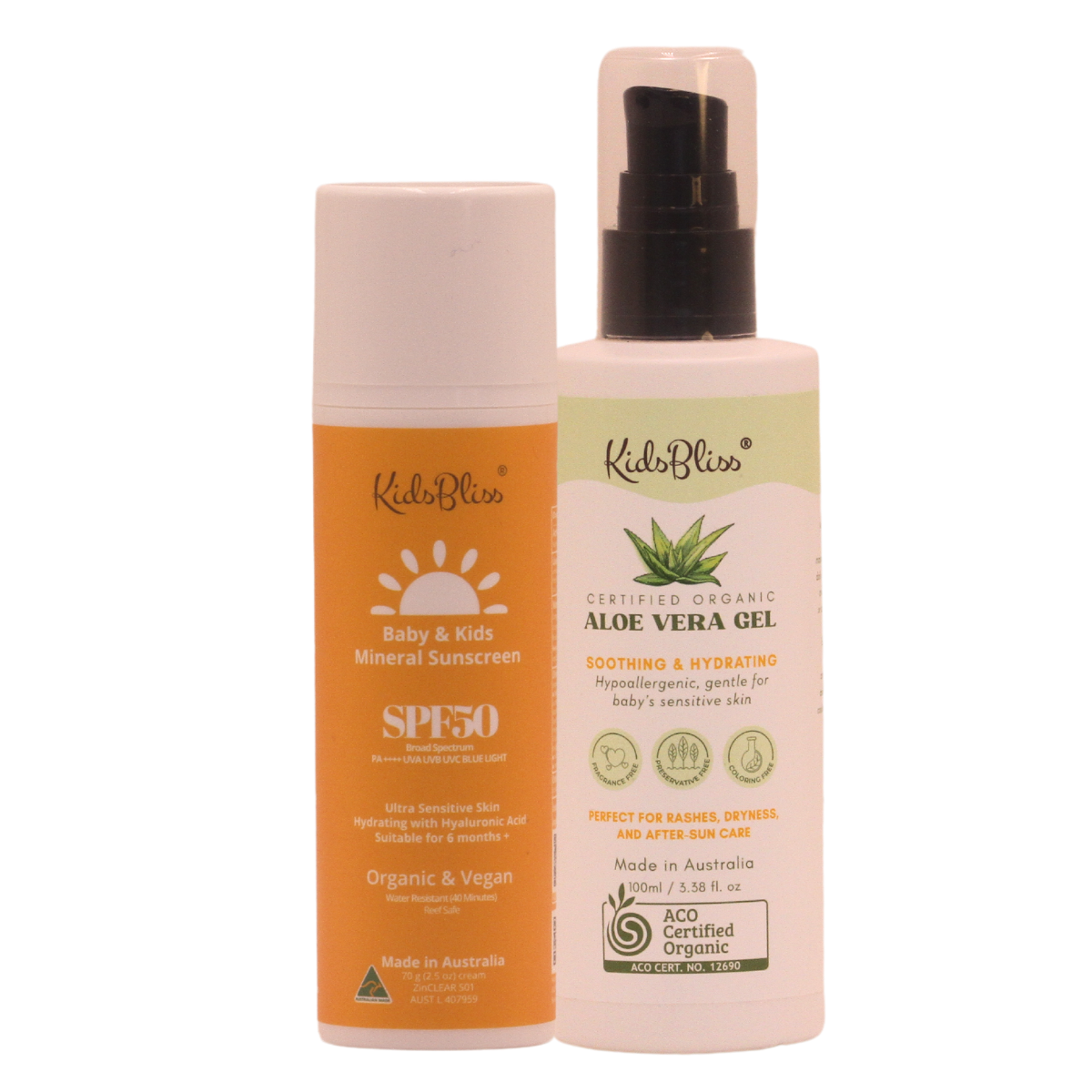 Kids & baby mineral sunscreen organic aloe vera gel duo for sun protection and after-care.