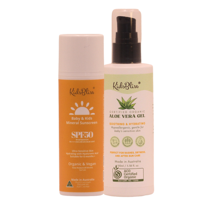 Kids & baby mineral sunscreen organic aloe vera gel duo for sun protection and after-care.