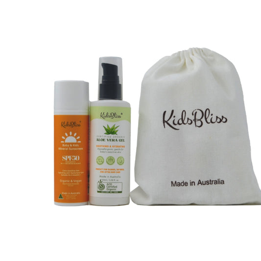 Kids & baby mineral sunscreen organic aloe vera gel duo for sun protection and after-care.