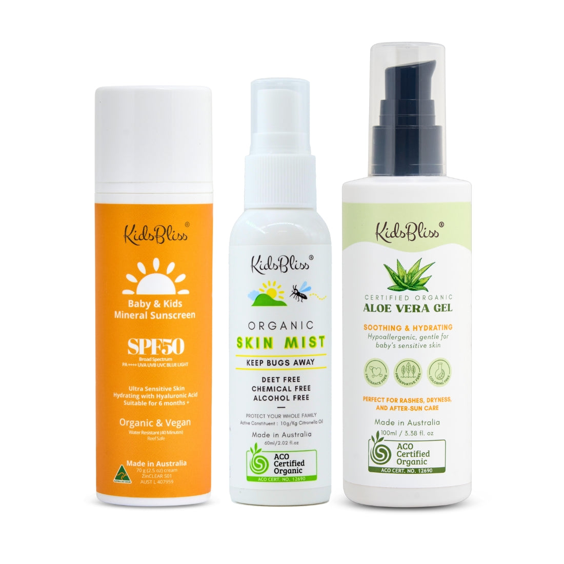Summer Trio Sun, Bug & Soothe Pack with mineral sunscreen organic bugs spray organic aloe gel for family adventures.