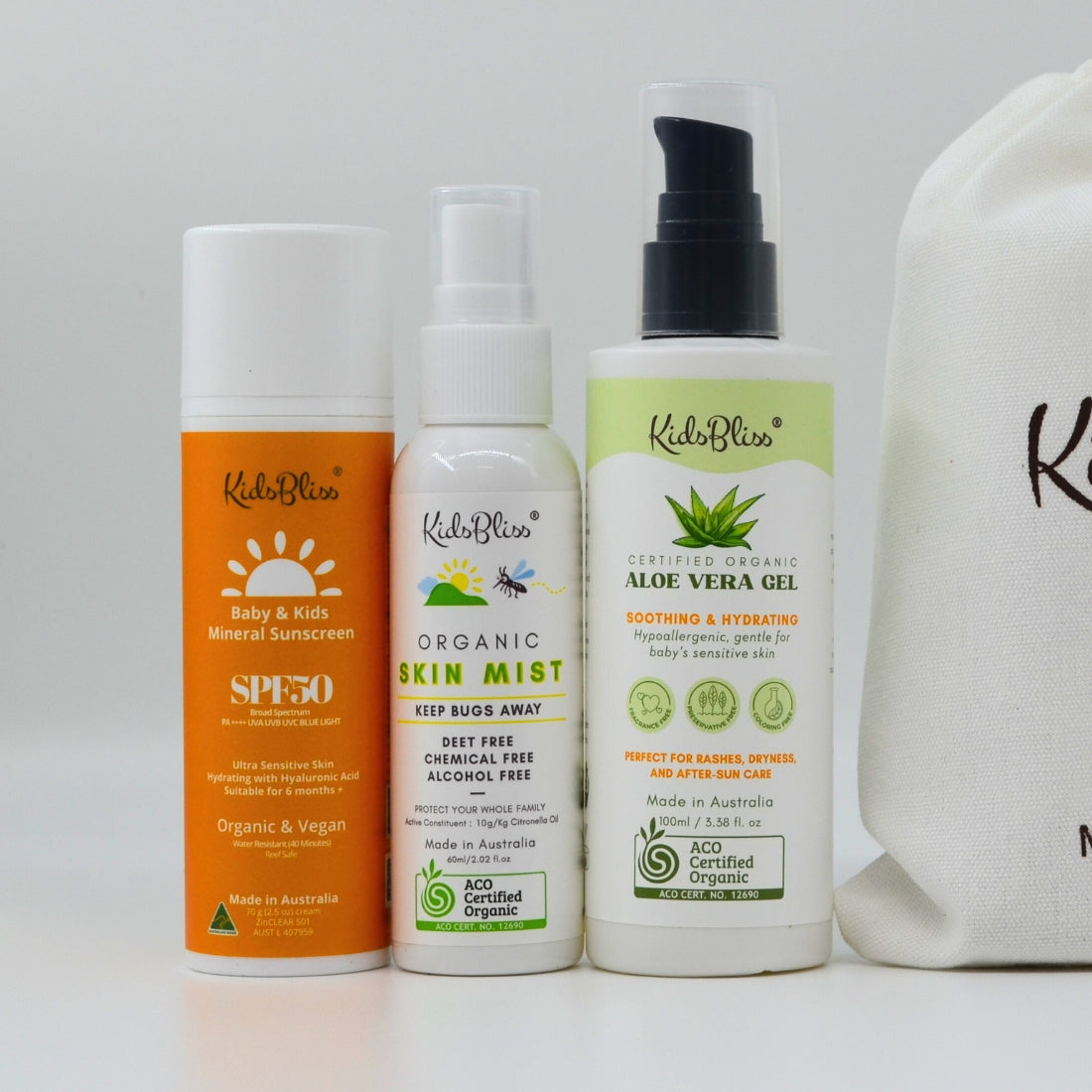 Summer Trio | Sun, Bug & Soothe Pack – mineral sunscreen organic bugs spray organic aloe gel for kids.