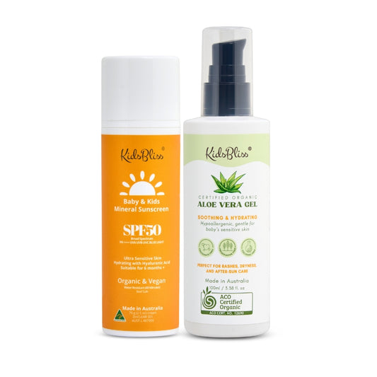 Kids & baby mineral sunscreen organic aloe vera gel duo for sun protection and after-care.
