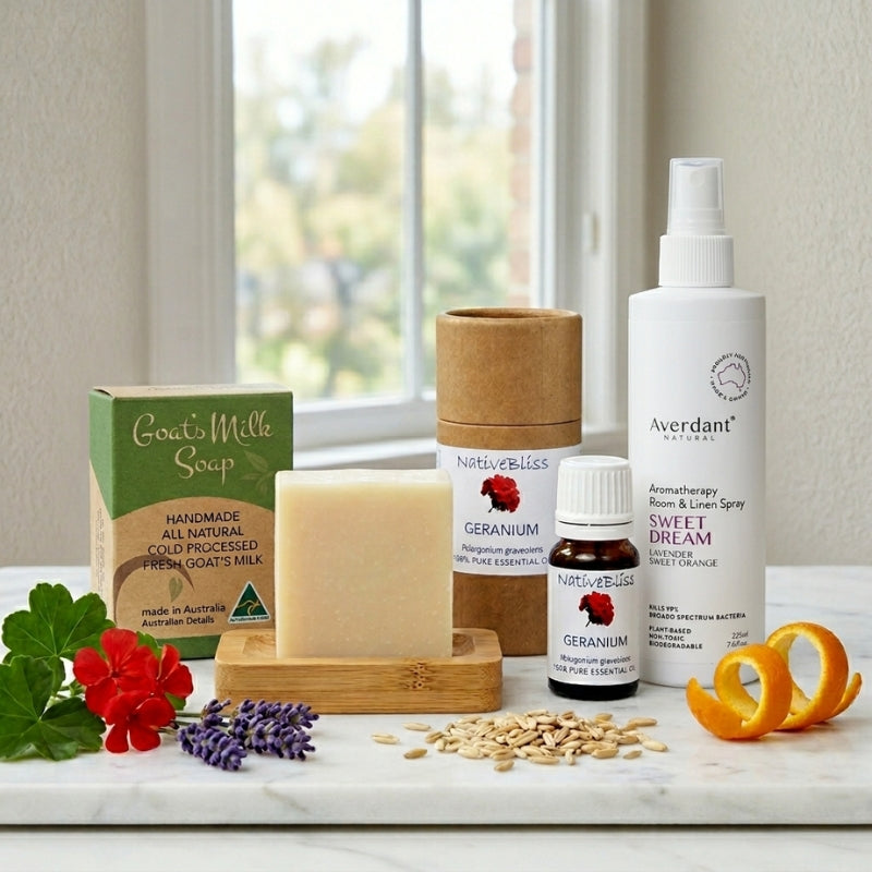 The Ultimate "Soul & Skin" Sanctuary Kit featuring goat's milk soap and essential oils for self-care.