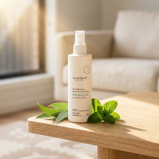 Averdant Natural Aromatherapy Room & Linen Spray Energetic 225ml in a sleek bottle, featuring eucalyptus mint scent.